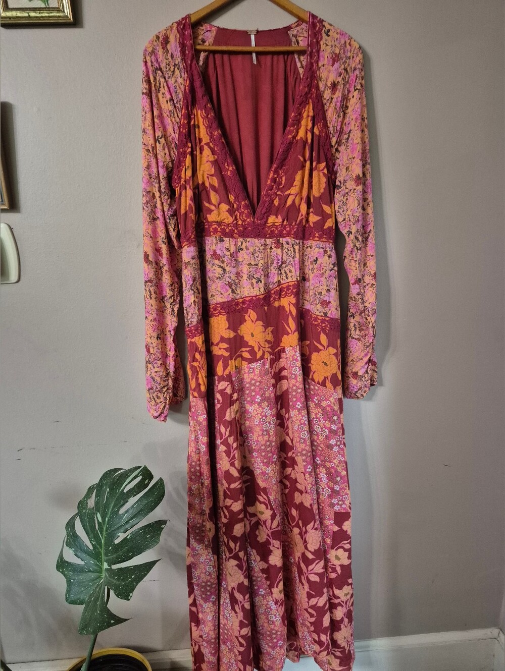 Free People Boho Floral Maxi Dress in Burgundy and Pink